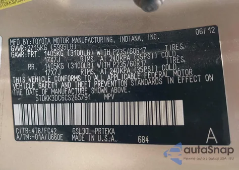 2012 Toyota Sienna Le V6 8 Passenger из США, поврежденный, VIN 5TDKK3DC6CS265791